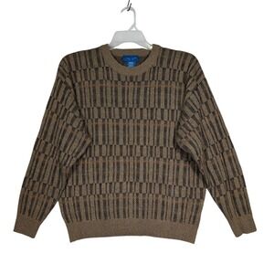 Vintage M Towncraft Crew Neck Acrylic Sweater 80s 90s Brown Geometric‎ Grid
